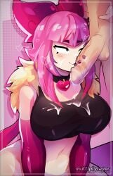 1boy 1girls big_breasts bowtie brawl_stars breasts cleavage collar crop_top cum cum_on_clothes elbow_gloves female gloves kissing_penis lipstick_on_penis male melodie_(brawl_stars) multiplylayer navel oral penis pink_hair