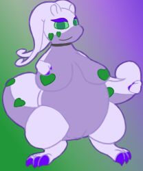 3_toes absurd_res breasts claws crouching feet female generation_6_pokemon goodra green_eyes heart hi_res horn nintendo original_character pinup pokemon pokemon_(species) pose purple_body simple_background squatting_position toes velvet706 velvet_the_gooey_dragon