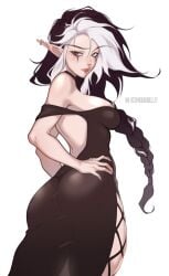 1girls ass black_hair braid dimedrolly dress ear_piercing elf elf_ears elf_female female female_only green_eyes hands_on_hips heterochromia hi_res long_dress long_hair looking_at_viewer mole mole_on_shoulder mole_under_eye red_eyes solo two_tone_hair white_hair zoelie_(sasha_khmel)