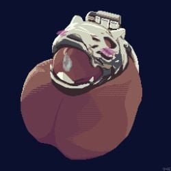 1:1 animate_inanimate animated balls blush bodily_fluids chastity_cage chastity_device digital_media_(artwork) flaccid genital_fluids genitals hi_res humanoid licking male male_focus penis pixel_(artwork) precum short_playtime solo stylized_chastity_cage tongue tongue_out u4e