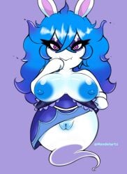 anthro areola big_breasts blue_areola blue_hair blue_nipples blue_pussy breasts clothing dress exposed_breasts eyelashes eyeshadow fangs female front_view genitals ghost ghost_tail hair hi_res lagomorph long_hair looking_at_viewer makeup mammal mario_(series) mario_+_rabbids mario_+_rabbids:_sparks_of_hope mendelartz midnite_(mario_+_rabbids) nipples pink_eyes purple_background purple_clothing purple_dress purple_eyeshadow pussy rabbid raving_rabbids simple_background solo spirit teeth ubisoft