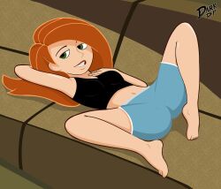 1girls 2009 barefoot belly_button black_tank_top blue_shorts clothed couch darkdp disney disney_channel female female_only fully_clothed green_eyes kim_possible kimberly_ann_possible laying_on_back legs_apart legs_spread navel orange_hair presenting presenting_pussy shorts solo spread_legs tank_top