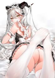 ägir_(azur_lane) aegir_(azur_lane) ass ass_focus azur_lane back_view horns legs_up long_hair looking_back maid maid_headdress maid_uniform on_bed on_stomach red_hair red_highlights short_dress tagme thighhighs white_hair yellow_eyes yukineko1018