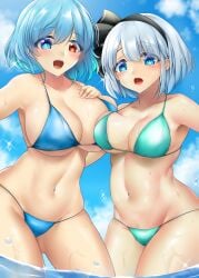 2girls absurdres bikini blue_eyes blue_hair bob_cut breasts heterochromia highres kogasa_tatara konpaku_youmu large_breasts multiple_girls navel poke200 red_eyes short_hair swimsuit tatara_kogasa touhou white_hair youmu_konpaku