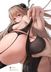 1boy 1girls absurdres anchorage_(azur_lane) anchorage_(moonlit_boat_ride)_(azur_lane) ass ass_cutout ass_grab azur_lane back_cutout bare_shoulders black_garter_belt black_garter_straps breasts bun_cover china_dress chinese_clothes clothes_lift clothing_cutout double_bun dress eagle_union_(azur_lane) female from_behind garter_belt garter_straps grabbing_another's_ass groping hair_bun highres lifted_by_self light-skinned_female light-skinned_male light_brown_hair light_skin long_hair looking_at_viewer looking_back no_panties official_alternate_costume pelvic_curtain pelvic_curtain_lift pussy pussy_juice rodriguez_(kamwing) sideboob spread_pussy thighhighs