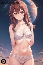 ai_generated arms_behind_back bangs bare_shoulders blush bow_panties bra breasts brown_eyes brown_hair cleavage closed_mouth collarbone cowboy_shot female hair_between_eyes koe_no_katachi long_hair looking_at_viewer medium_breasts navel nishimiya_shouko panties pikkiwynn sky smile solo star_(sky) stomach underwear underwear_only white_bra white_panties