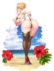 alternate_costume aoi_nagisa_(metalder) ass beach bent_over bikini blonde_hair blue_sky blush breasts cleavage clothes_pull cloud female flower full_body glasses hair_flower hair_ornament hibiscus high_heels highres impossible_clothes kosaka_shizuru large_breasts looking_at_viewer looking_back nipples ocean puffy_nipples sidelocks sky solo string_bikini sunlight sweat sweatdrop swimsuit taimanin_(series) taimanin_rpgx thighhighs thong_bikini underwear water