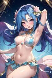 abdomen ai_(artist) armpits bikini blue_hair blush breasts dancer edit female hi_res kamishiro_rio long_hair looking_at_viewer navel nervous pose red_eyes rio_kamishiro solo stomach sweatdrop thick_legs yu-gi-oh! yu-gi-oh!_zexal