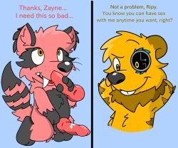 ailurid anthro beaver black_paws cybernetic_eye dialogue duo fur genitals hi_res hybrid imminent_sex knot male male/male mammal penis procyonid raccoon red_body red_fur red_panda reznoo ripy_(reznoo) rodent yellow_eyes zayne_(reznoo)