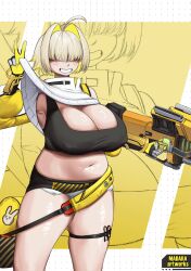 1girls :3 armpits bag bare_shoulders belly belly_button big_breasts blush booty_shorts chubby chubby_female clenched_teeth clothed clothed_female cute cute_fang elegg_(nikke) erect_nipples female gloves goddess_of_victory:_nikke gun hair_over_eyes holding_object holding_weapon large_breasts madara_artworks navel oerba_yun_fang peace_sign shirt_lift shirt_up short_hair shorts smile smiling solo_female thick_thighs thigh_strap thighs v_sign white_hair white_skin yellow_hair