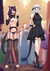 2girls altana_tumet animal_ears animal_tail au_ra barefoot body_writing bondage chains clitoris_leash clitoris_piercing clitoris_ring crotchless_panties cuffs female female_focus femdom femsub final_fantasy final_fantasy_xiv forced_orgasm gag garter_straps leash leti_moonreaver lezdom linked_piercings manacles miqo'te multiple_girls nipple_piercing nipple_rings piercing piercings potchi ring_gag stockings submissive_female tally_marks vibrator xaela