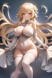 1girls ai_generated alternate_hair_length alternate_hairstyle big_breasts blonde_hair breasts genshin_impact long_hair lumine_(genshin_impact) megathiccsensei solo solo_female solo_focus thick_thighs thighhighs thighs white_legwear yellow_eyes