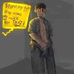 brown_eyes brown_hair masturbation narrator_(the_stanley_parable) stanley_(the_stanley_parable) text_bubble the_stanley_parable voice