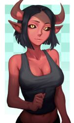 big_breasts big_horns black_hair black_sclera black_tank_top breasts female red_body short_hair tagme telepurte yellow_eyes zoe_(telepurte)