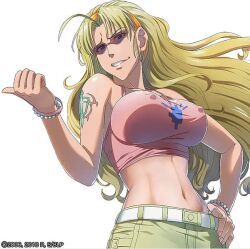 ad black_lagoon blonde_hair bracelet bracelets eda erect_nipples fat_breasts female flat_belly g123 jewelry large_breasts long_hair pink_top slot_machine solo solo_female sunglasses tattoo tinted_eyewear