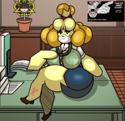 animal_crossing big_breasts big_thighs dog_girl furry isabelle_(animal_crossing) looking_at_viewer posing sitting smiles_(lovely_guizis) suggestive table thick_thighs zhe_rat