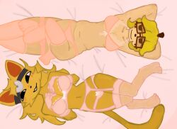 2girls 4_legs arms_behind_head banana bed bedding_background bikini breasts cat_ears cat_girl cat_humanoid doctor drretro_(regretevator) fur gijinka girls_only glasses hi_res humanized humanoid laying_on_bed looking_at_viewer no_sex objectssperm pink_bikini pose posing regretevator roblox roblox_game robloxian self_upload smile socks split_(regretevator) thighs yellow_body yellow_fur yellow_hair