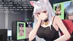 anger_vein annoyed bell big_breasts camisole cat_ears collar head_in_hand leaning long_hair looking_at_viewer neonn3k0 nipple_bulge rant red_eyes white_hair