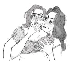 2girls big_breasts black_and_white blush blush breast_grab breast_squeeze clara_oswald doctor_who female/female finger_in_mouth jenna-louise_coleman jenna_coleman michelle_gomez missy nipples nipples_visible_through_clothing older_female see-through see-through_clothing sketch squeezing_breast sucking_fingers the_master thick_eyebrows uselessmagix yuri