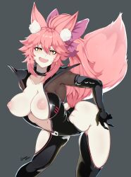 absurdres animal_ear_fluff animal_ears ass bangs black_bodysuit black_gloves bodysuit breasts breasts_out center_opening clothing_cutout collarbone dimples_of_venus fangs fate/grand_order fate_(series) female fox_ears fox_girl fox_tail gloves hair_between_eyes hair_ribbon hand_on_hip highres hip_vent koyanskaya_(assassin) koyanskaya_(assassin_first_ascension) koyanskaya_(fate) large_breasts light-skinned_female light_skin long_hair looking_at_viewer midriff navel nipples open_mouth pale-skinned_female pale_skin pink_hair pink_ribbon ponytail ribbon sidelocks simple_background smile solo spookiarts tail thigh_cutout thighs tongue yellow_eyes