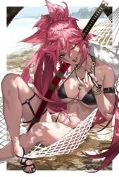 1girls baiken beach belly belt big_breasts bikini dominant_female female female_only gaak guilty_gear guilty_gear_strive heels jewelry katana kiseru necklace net one_eye_closed red_eyes red_hair scar sea smoking_pipe solo sword tongue_out water