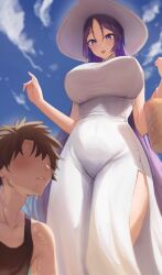 1boy 1girls 2022 absurd_res bare_legs breasts brown_hair dress fate/grand_order fate_(series) female fujimaru_ritsuka_(male) hat hips huge_breasts large_hat low-angle_view male mature_female milf minamoto_no_raikou_(fate/grand_order) outdoors rororo shadowed_eyes short_hair side_slit slim_waist thick_thighs thighs tight_clothing underboob white_dress wide_hips