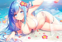 absurdres anklet arm_up armpits bare_shoulders bead_bracelet beads bikini blue_eyes blue_hair bracelet breasts caustics cleavage collarbone emori_miku emori_miku_project female flower front-tie_bikini front-tie_top grin hair_flower hair_ornament halter_top halterneck hibiscus highres jewelry kagachi_saku large_breasts long_hair looking_at_viewer lying nail_polish navel petals red_flower sarong side-tie_bikini smile solo stomach string_bikini swimsuit thighs water wet white_bikini