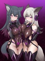 2girls :d :q absurdres alternate_breast_size alternate_costume animal_ear_fluff animal_ears arknights asymmetrical_docking bangs barcode barcode_tattoo bare_shoulders behind-the-head_headphones black_gloves breast_press breasts bright_pupils brown_hair brown_leotard budesonide cameltoe collar collarbone corruption covered_navel cowboy_shot dark_persona elbow_gloves female female_only fox_ears fox_girl fox_tail frostleaf_(arknights) gloves gradient gradient_background gradient_hair grey_hair groin hand_on_own_chest headphones heavy_breathing highres huge_breasts impossible_clothes impossible_leotard infection_monitor_(arknights) large_breasts leg_tattoo leotard long_hair looking_at_viewer multi_ear multicolored_hair multiple_girls navel_piercing neon_trim nipple_piercing nipple_rings nipples parted_lips pierced_through_clothes piercing piercing_through_clothes pink_eyes pubic_tattoo purple_background purple_eyes purple_hair purple_thighhighs pussy_juice revealing_clothes seductive_smile shiny_clothes shoulder_tattoo smile tail tattoo texas_(arknights) thighhighs tight_clothing tongue tongue_out two-tone_hair wolf_ears wolf_girl wolf_tail