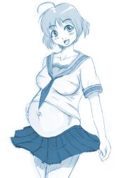 clothed collarbone drg happy looking_at_viewer monochrome pregnant pregnant_female ready_to_pop school_uniform schoolgirl short_hair skirt smiling_at_viewer socks teenager younger_female