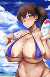 1girls 2022 absurd_res areolae beach bikini blue_bikini blush breasts brown_eyes brown_hair female female_only food holding_object huge_breasts kaga_(kantai_collection) kantai_collection large_areolae looking_at_viewer maki_ikazuya micro_bikini outdoors shaved_ice side_ponytail solo solo_female sweat