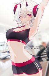 1girls armpits arms_behind_back arms_up big_breasts breasts horn horns nano_(nanoless) nanoless red_eyes shorts solo sports_bra sweat white_hair