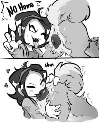 1dog artist_request asshole bestiality canine canine_pussy cunnilingus female heart kissing monochrome nene_(newgrounds) newgrounds no_homo pico's_school v_sign yuri zoophilia