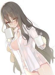 1girls bangs blush breasts brown_eyes brown_hair closed_mouth clothed clothing coffee_mug collared_shirt cowboy_shot cup dress_shirt dutch_angle female futaba_rio glasses hair_between_eyes holding holding_cup human large_breasts light-skinned_female light_skin long_hair looking_at_viewer mostly_nude mug no_bra no_pants open_clothes open_shirt panties see_through_clothing seishun_buta_yarou_wa_bunny_girl_senpai_no_yume_wo_minai shirousa shirousa shirt smile solo solo_female standing steam underwear very_long_hair white_background white_panties white_shirt