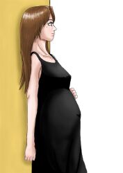 2000s black_dress bloated_belly brown_eyes brown_hair collarbone drg hand_on_belly leaning_on_wall long_hair looking_at_self mature_female mature_woman milf mole_under_eye old pregnant pregnant_female ready_to_pop standing standing_up