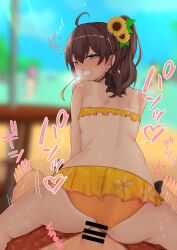 1boy absurdres ahoge aqua_eyes ass back bar_censor beach blurry blurry_background brown_hair censored clothed_sex determined female finger_to_mouth flower grin hair_flower hair_ornament highres hololive hololive_gen_1 hololive_japan mischievous_smile natsuiro_matsuri penis reverse_cowgirl_position ryuhei0515teri sex side_ponytail smile stealth_sex straddling sweat swimsuit swimsuit_aside tan tanlines virtual_youtuber