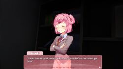 1girls angry angry_face arms_crossed books bookshelf bottomless closed_eyes closet crossed_arms dark_room doki_doki_literature_club exposed_pussy natsuki_(doki_doki_literature_club) no_panties no_skirt panel pink_eyes pink_hair pink_text_box pussy_exposed talking_to_viewer teeth_clenched teeth_showing text text_box tsundere uniform