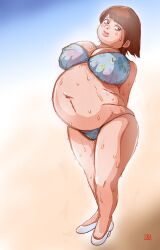 arms_behind_back bikini brown_eyes brown_hair child_bearing_hips chubby_cheeks chubby_female drg fat fat_ass fat_butt fat_woman high_heels huge_belly huge_breasts looking_at_viewer mature_female mature_woman older_female pregnant pregnant_female ready_to_pop shoes sweating