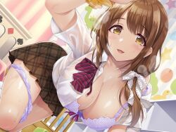 amber_eyes blush brown_hair hair_ribbon huge_breasts kuwayama_chiyuki miniskirt panties_around_leg school_uniform schoolgirl side_ponytail smiling_at_viewer thick_thighs urabi_(tomatohouse) younger_female