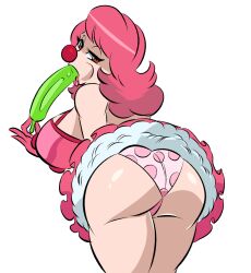 1girls ass balloon balloon_animal balloon_blowjob big_breasts breasts capcom cleavage clown clown_girl clown_makeup clown_nose clussy female female_only geiru_toneido glassfish gyakuten_saiban legs looking_at_viewer looking_back looking_back_at_viewer over_the_shoulder pink_hair pink_panties polka_dot polka_dot_panties sexually_suggestive short_skirt skirt solo solo_female sucking_off suspenders thick thick_thighs thighs upskirt voluptuous wide_hips