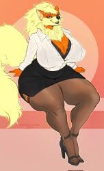 1girls 2022 anthro anthro_only arcanine artist_name artist_signature big_breasts black_heels black_lipstick blue_eyes canine cleavage dated female female_only fur furry furry_only heels lace-trimmed_bra leggings legwear lipstick long_nails looking_at_viewer mane nintendo nylons office_clothing office_lady orange_background orange_fur pattern_background pencil_skirt pokemon pokemon_(species) pokemon_rgby simple_background solo solo_female sweet_chubbs tail watermark white_button_down_shirt white_shirt yellow_fur yellow_mane