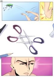 1boy absurd_res absurdres bag bald_guy_(band-width) band-width barefoot black_eyes comic handbag hi_res highres male nail_polish object_focus original pen pencil raised_eyebrow scissors sexually_suggestive tripping