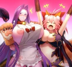 2girls animal_ear_fluff animal_ears apron bangs bare_shoulders bell blush bow breasts bustier claws cleavage clenched_teeth collar collarbone cosplay costume_switch embarrassed fate/extra fate/grand_order fate_(series) female forehead fox_ears fox_girl fox_tail frills gorgon_(fate) gorgon_(fate)_(cosplay) hair_between_eyes hairbow highres huge_breasts jingle_bell large_breasts long_hair looking_at_viewer medusa_(fate) medusa_(rider)_(fate) minami_koyogi monster_girl multiple_girls naked_apron navel neck_bell nipple_slip nipples open_mouth parted_bangs pink_background pink_hair ponytail purple_eyes purple_hair red_bow scales sideboob sidelocks smile snake_hair tail tamamo_cat tamamo_no_mae_(fate) teeth very_long_hair white_apron yellow_eyes