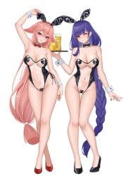 2d 2girls animal_ears arm_up armpits bangs black_bow black_bowtie black_footwear black_pasties blush bow bowtie braid braided_ponytail breasts bunny_ears bunny_girl bunnysuit cleavage closed_mouth detached_collar fake_animal_ears female female_only fox_ears fox_girl full_body genshin_impact heart_pasties high_heels highres large_breasts leotard light-skinned_female light_skin long_hair multiple_girls nail_polish navel pale-skinned_female pale_skin parted_lips pasties pink_hair playboy_bunny purple_eyes purple_hair purple_nails rabbit_ears raiden_shogun red_footwear see-through see-through_leotard simple_background smile solid_color_background standing thighs transparent_bunnysuit very_long_hair wei_xiao white_background wrist_cuffs yae_miko