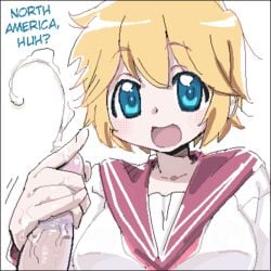 blonde_hair blue_eyes cum female handjob hard_translated human lowres lucky_star male oekaki patricia_martin penis school_uniform serafuku short_hair smile straight translated uncensored