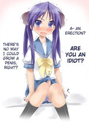 1futa abubu blue_eyes blush erection flat_chest futa_only futa_sans_balls futanari hard_translated human intersex kagami_hiiragi long_hair lucky_star panties penis precum purple_hair ribbon school_uniform sitting skirt solo striped striped_panties text thighhighs tied_hair translated tsundere twintails underwear