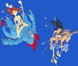 2boys 2girls black_hair blastoise blue_eyes brown_eyes dawn_(pokemon) female feraligatr frontierbrain human kasumi_(pokemon) male multiple_boys multiple_girls nintendo pokemon pokemon_(species) pokephilia rape red_hair trainer_(artist) uncensored