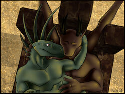 2008 agro_antirrhopus agroalba closed_eyes cuddle dinosaur dorsal_ridge dragon end_page gay licking male page_14 red_eyes scalie segremores sex throne tongue wings