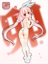 ass breasts bunny_ear bunny_tail copyright_request female from_behind kneepits long_hair looking_back nakajima_konta naked_thighhighs nipples nude pink_hair pussy red_eyes solo tail thighhighs uncensored white_legwear white_thighhighs