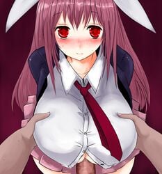 animal_ear blush breast_grab breasts bunny_ear censored dark-skinned_male fur han64 han_(jackpot) huge_breasts necktie paizuri paizuri_under_clothes penis pov purple_hair red_eyes reisen_udongein_inaba skirt smile touhou