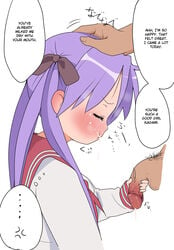 blush cum cum_in_mouth fellatio female hard_translated highres human humanoid itou_life kagami_hiiragi lucky_star male oral penis penis_play school_uniform straight text translated uncensored